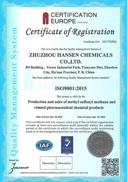 Trung Quốc Zhuzhou Hansen Chemicals Co.,Ltd Chứng chỉ