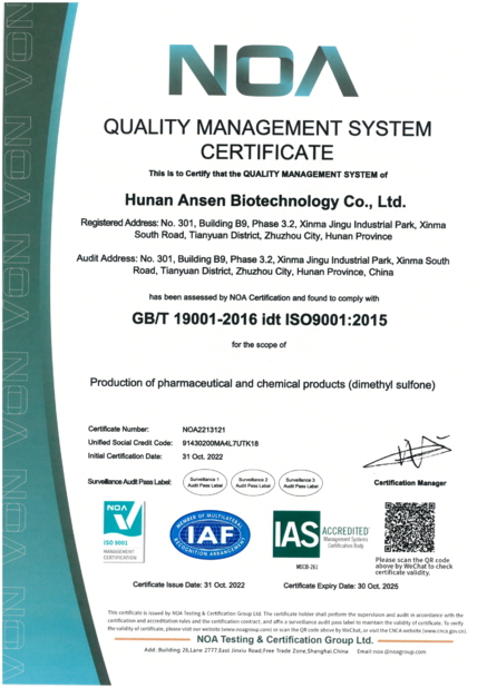 Trung Quốc Zhuzhou Hansen Chemicals Co.,Ltd Chứng chỉ